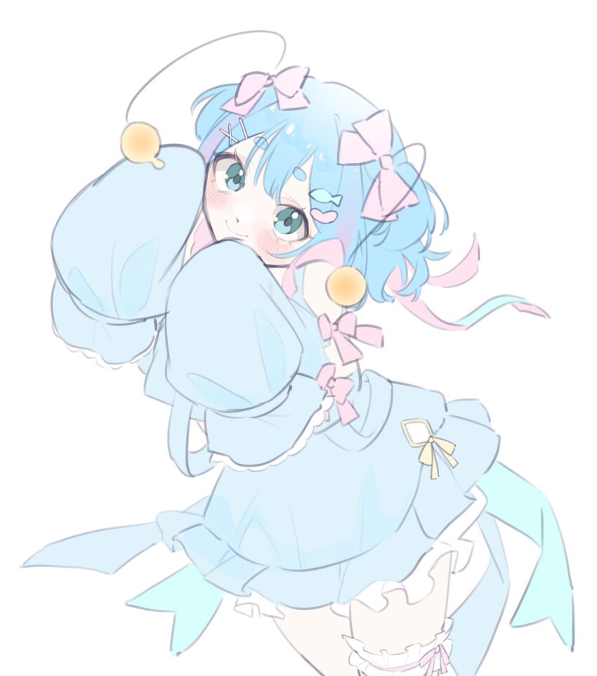1girl, antennae, blair_labri_(artist), blue_eyes, blue_hair, frills, hair_ribbon, indie_virtual_youtuber