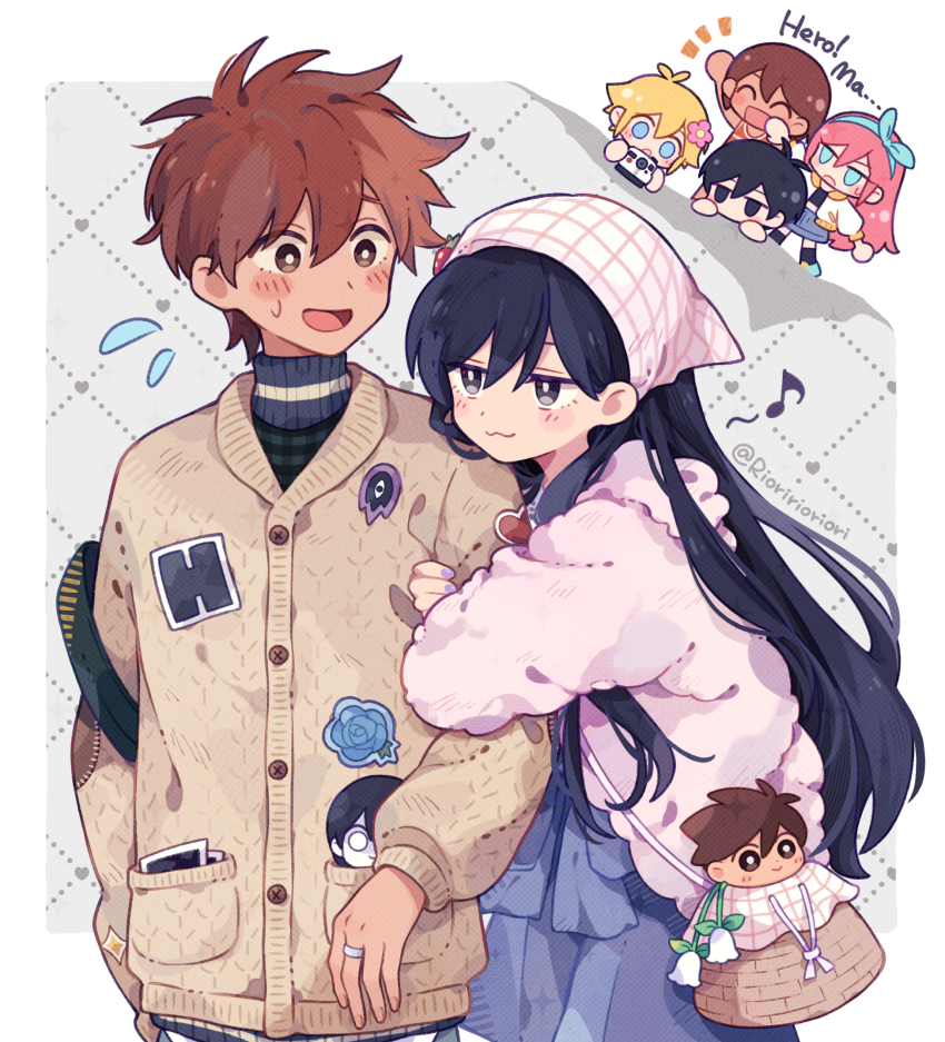 2girls, 4boys, :d, :o, ^_^, antenna_hair, arm_hug, arm_up