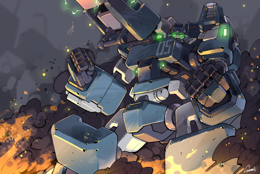 cosmo-5, explosion, glowing, glowing_eyes, highres, mecha, mecha_pilot_suit, mechanical_arms