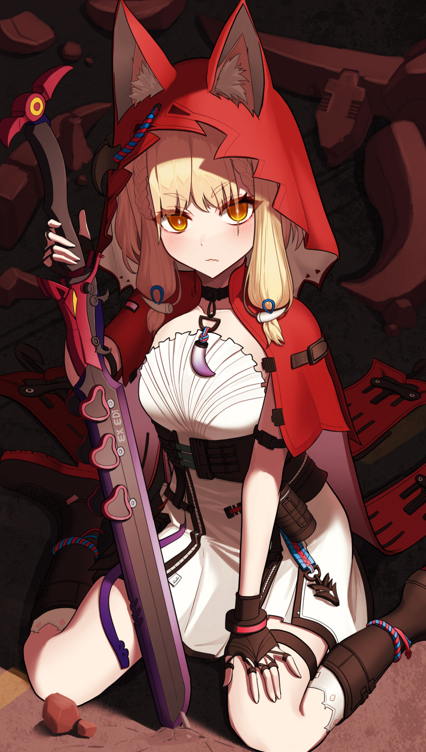 1girl, animal_ear_fluff, animal_ears, arknights, arknights:_endfield, black_boots, black_gloves, blonde_hair
