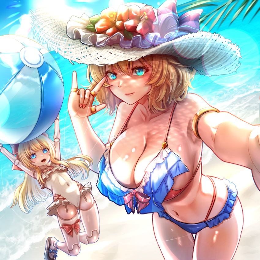 2girls, \m/, alice_margatroid, alternate_costume, armpits, ball, beach, beachball