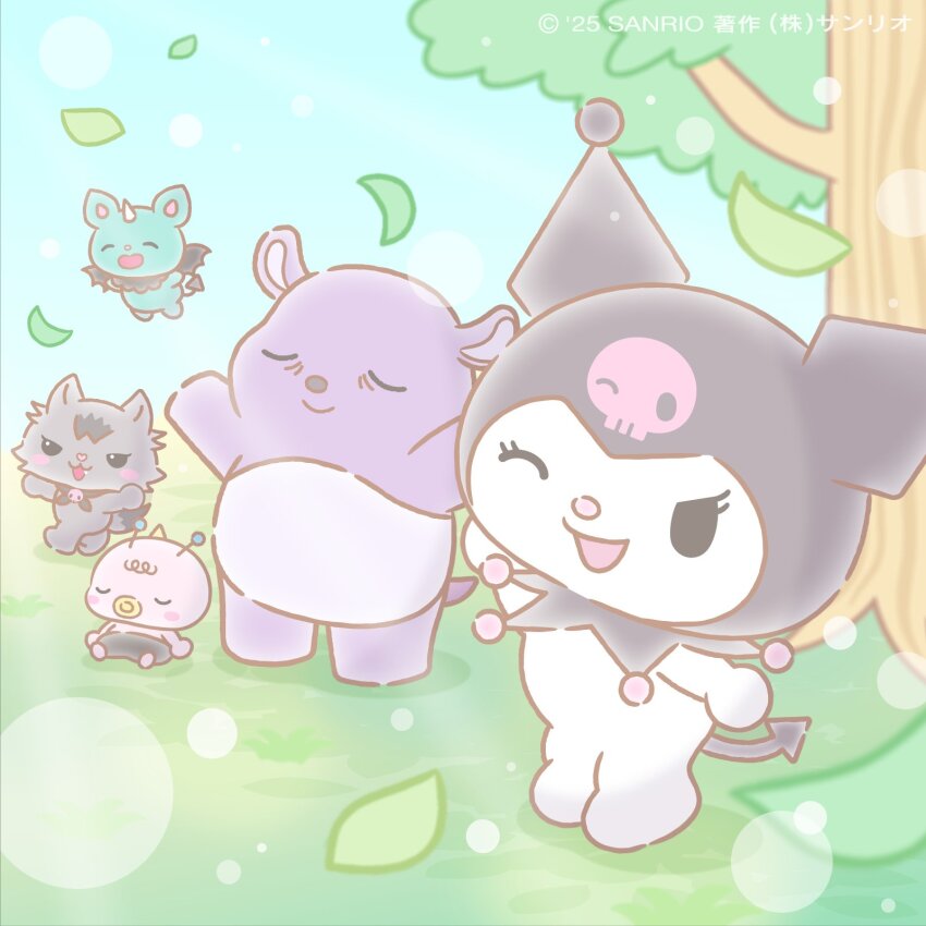 2girls, 3boys, ;d, alien, animal_ears, baby, baku_(sanrio), blurry, blush_stickers, bokeh, cat_ears, cat_girl, cat_tail, chibi, chibi_only, collimo, commentary_request, demon_tail, demon_wings, depth_of_field, flying, furry, furry_female, furry_male, gureco_(sanrio), highres, koni_(sanrio), kuromi, kuromi's_pretty_journey, multiple_boys, multiple_girls, my_melody_(series), official_art, one_eye_closed, open_mouth, pastel_colors, sanrio, second-party_source, skull, smile, solid_oval_eyes, tail, tree, wings