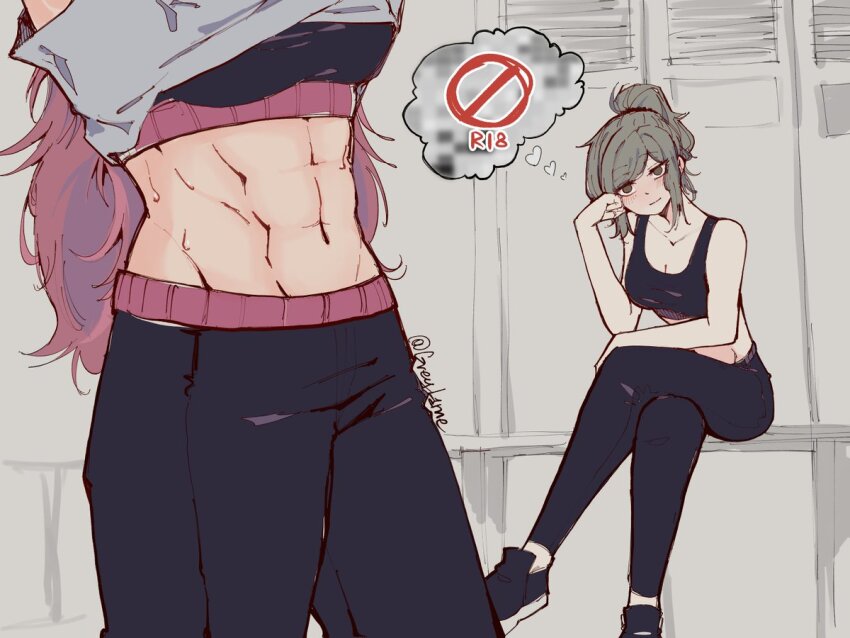 2girls, abs, greyl1me, loli_(to_be_hero_x), multiple_girls, muscular, muscular_female, sweat, sweatdrop, tagme, to_be_hero_x, yuri