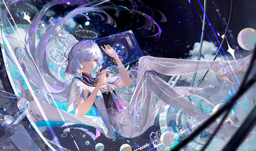 1girl, breasts, closed_mouth, commentary, earrings, grey_hair, hair_ornament, hair_over_one_eye, halo, hands_up, hashtag-only_commentary, high_heels, highres, holographic_interface, jacket, jewelry, long_hair, mornye_(wuthering_waves), purpled, red_eyes, see-through_body, small_breasts, solo, triangle_earrings, white_jacket, wu_xiao_xian, wuthering_waves