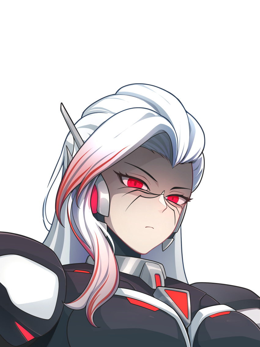 1girl, absurdres, adapted_costume, armor, body_armor, breasts, chest_jewel, commission, commissioner_upload, disgust, eyelashes, facial_mark, fake_zero_(mega_man), forehead_jewel, genderswap, genderswap_(mtf), highres, light_frown, long_hair, looking_at_viewer, mature_female, mechanical_ears, medium_breasts, mega_man_(series), mega_man_x2, mega_man_x_(series), multicolored_hair, missing_headwear, non-web_source, petite, portrait, red_eyes, red_streaks, shoulder_armor, solo, streaked_hair, transparent_background, two-tone_hair, uta_guipiy, white_hair