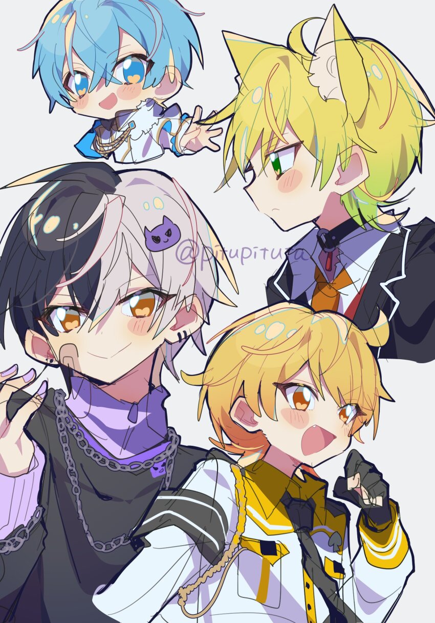 4boys, ahoge, akkiy_(amptakxcolors), amptakxcolors, animal_ears, artist_name, bandaid, bandaid_on_cheek