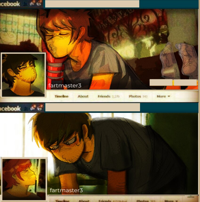 2boys, artist_name, beard_stubble, black_shirt, blush, brown_hair, burn_scar, closed_eyes