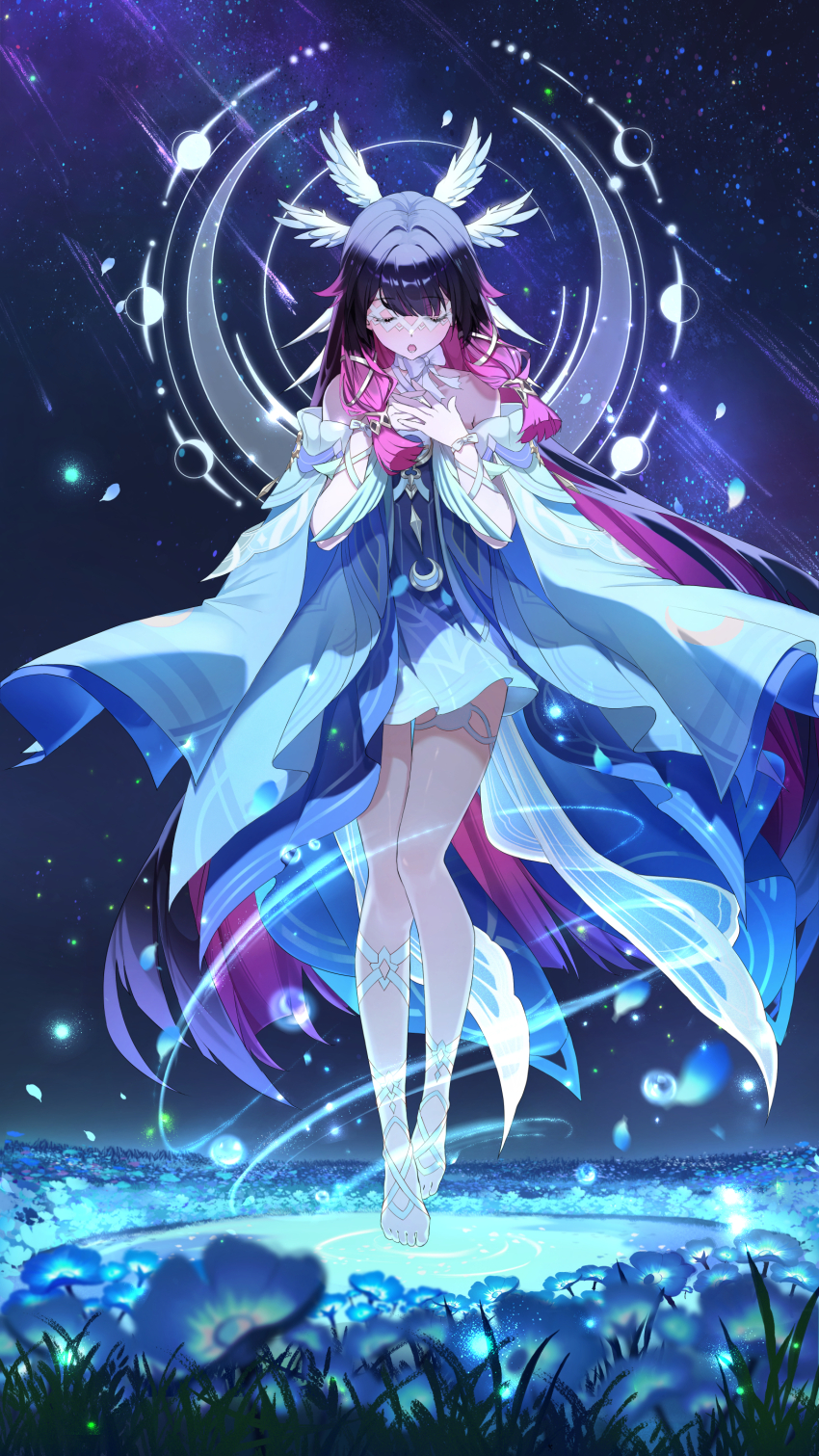 1girl, absurdres, bare_shoulders, barefoot, blue_flow, closed_eyes, columbina_(genshin_impact), commentary