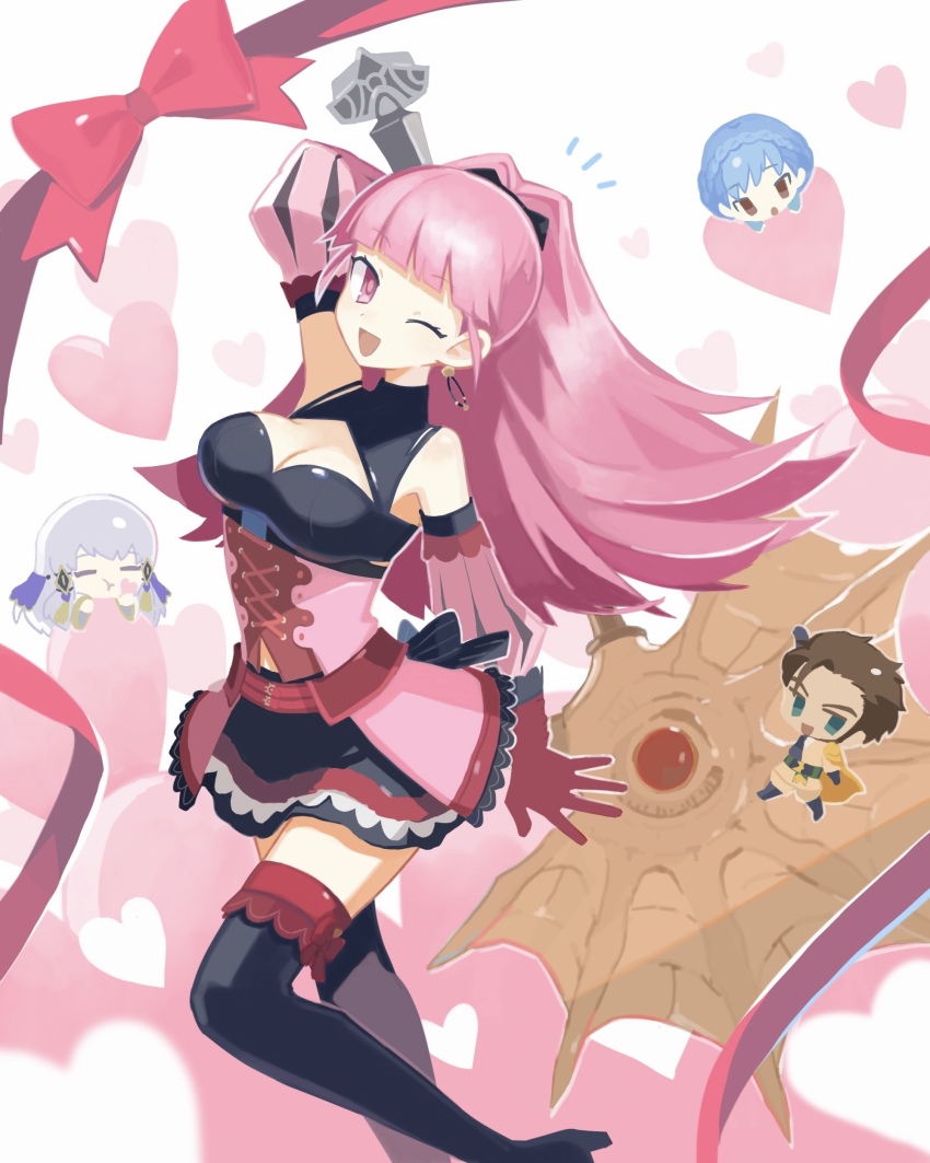 1boy, 3girls, absurdres, axe, black_hair, black_thighhighs, blue_hair, breasts, chibi, claude_von_riegan, claude_von_riegan_(timeskip), cleavage, commentary_request, detached_sleeves, fire_emblem, fire_emblem:_three_houses, gloves, green_eyes, grey_hair, highres, hilda_valentine_goneril, hilda_valentine_goneril_(timeskip), holding, holding_axe, holding_weapon, lella_(piyotto22), long_hair, looking_at_viewer, lysithea_von_ordelia, lysithea_von_ordelia_(timeskip), marianne_von_edmund, marianne_von_edmund_(timeskip), medium_breasts, multiple_girls, nintendo, one_eye_closed, open_mouth, pink_eyes, pink_gloves, pink_hair, smile, thighhighs, weapon