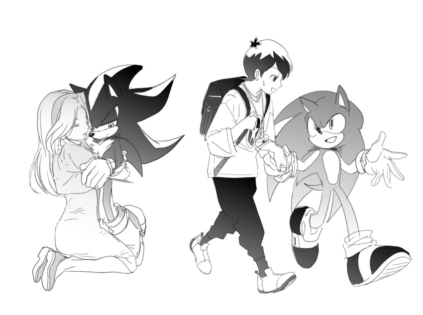 1girl, 3boys, backpack, bag, closed_eyes, dochisukiovo, full_body, furry, furry_male, gloves, greyscale, hug, kneeling, maria_robotnik, monochrome, multiple_boys, open_mouth, shadow_the_hedgehog, simple_background, sonic_(series), sonic_and_the_blade_of_courage, sonic_the_hedgehog, star_(symbol), sweat, yuuta_(sonic)