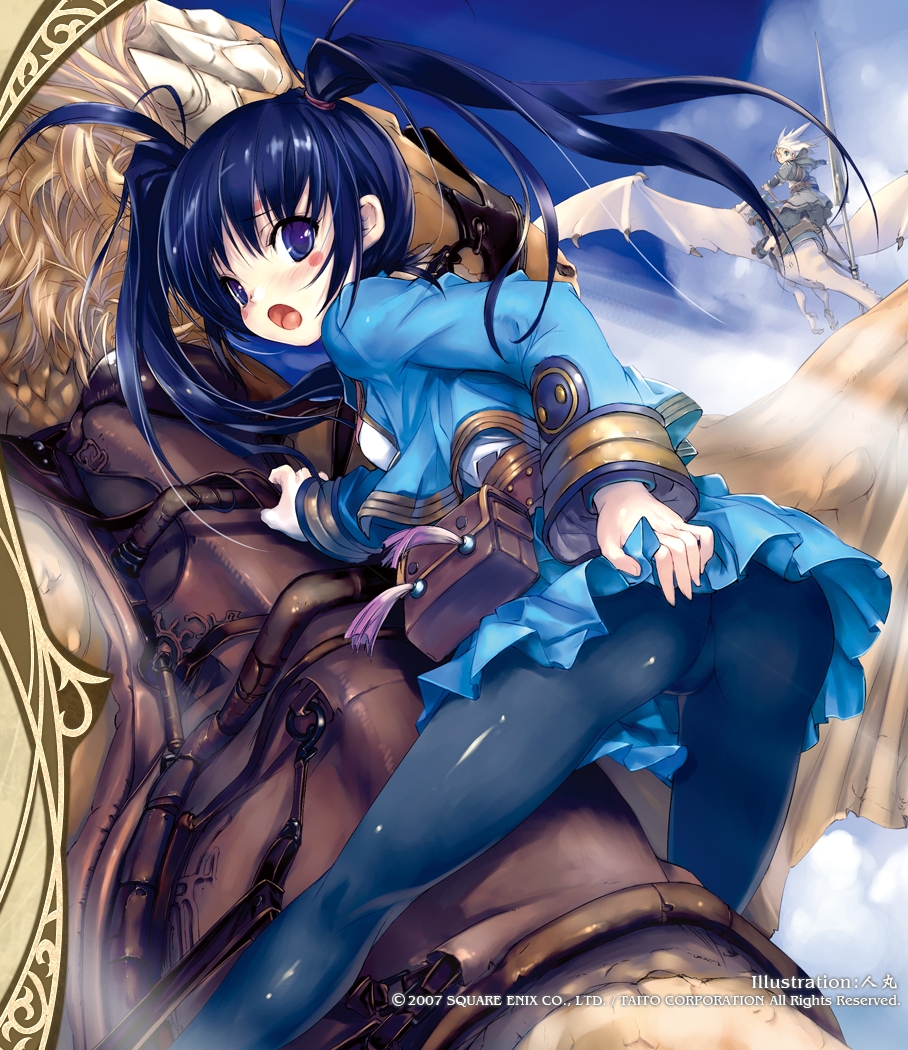 1girl, 2007, :o, artist_name, ass, bent_over, black_hair, blush, blush_stickers, character_request, dragon, female_focus, flying, from_behind, hitomaru, legs, long_hair, looking_back, panties, panties_under_pantyhose, pantyhose, pantyshot, purple_eyes, solo, source_request, twintails, underwear, upskirt, yuukyuu_no_sharin