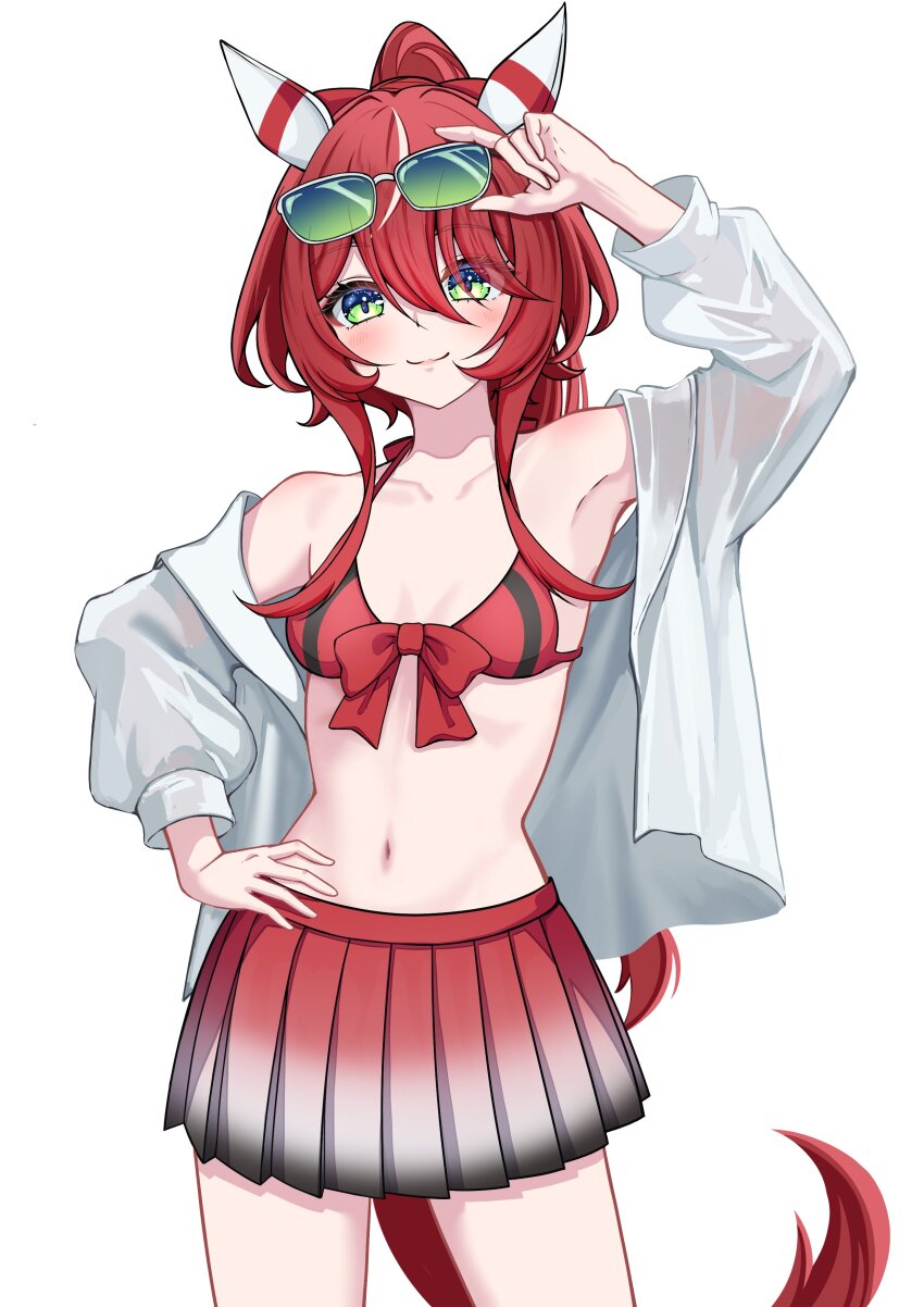 1girl, absurdres, alternate_costume, alternate_hairstyle, animal_ears, armpits, bikini, blush