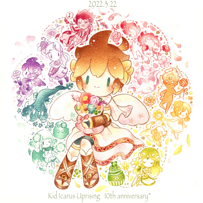 4boys, bouquet, brown_hair, character_request, colored_pencil_(medium), commentary_request, copyright_name, dark_pit