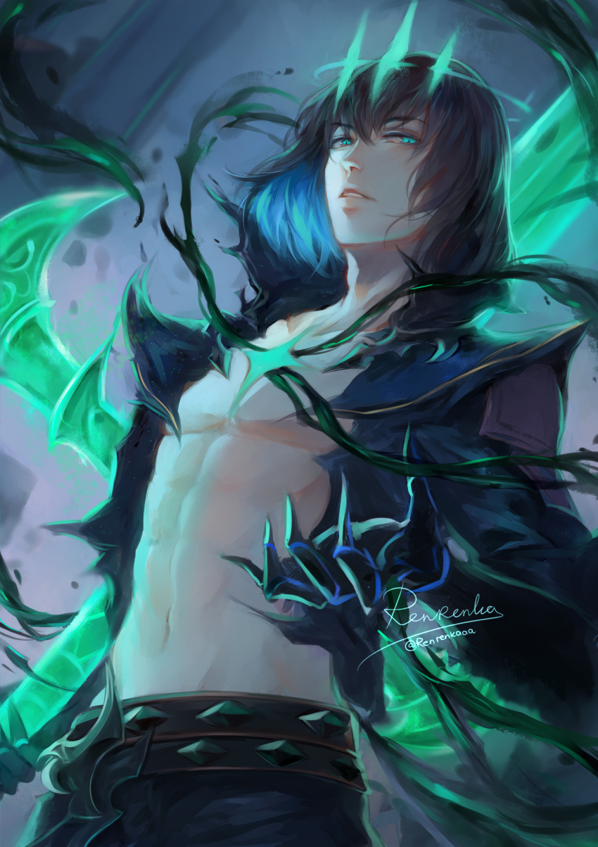 1boy, absurdres, bare_pectorals, belt, black_hair, black_pants, blue_eyes, commentary