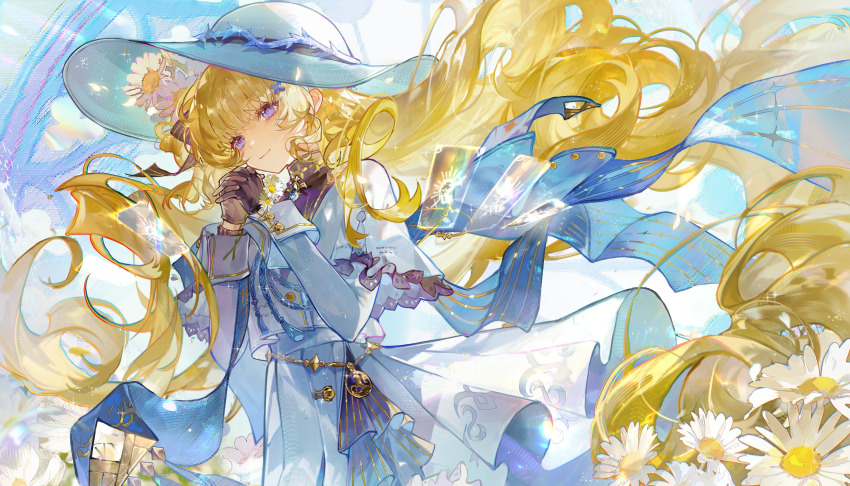 1girl, absurdly_long_hair, absurdres, black_collar, black_gloves, blonde_hair, blue_eyes, chinese_commentary