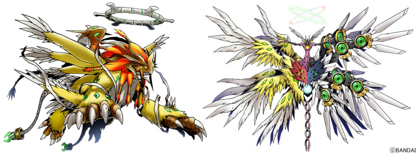 asymmetrical_wings, bandai, claws, dalphomon, digimon, digimon_(creature), digimon_liberator, double_halo, exmaquinamon, feathered_wings, full_body, halo, head_wings, mask, mechanical_wings, mismatched_wings, multiple_wings, official_art, orange_hair, sharp_teeth, simple_background, teeth, white_background, winged_arms, wings