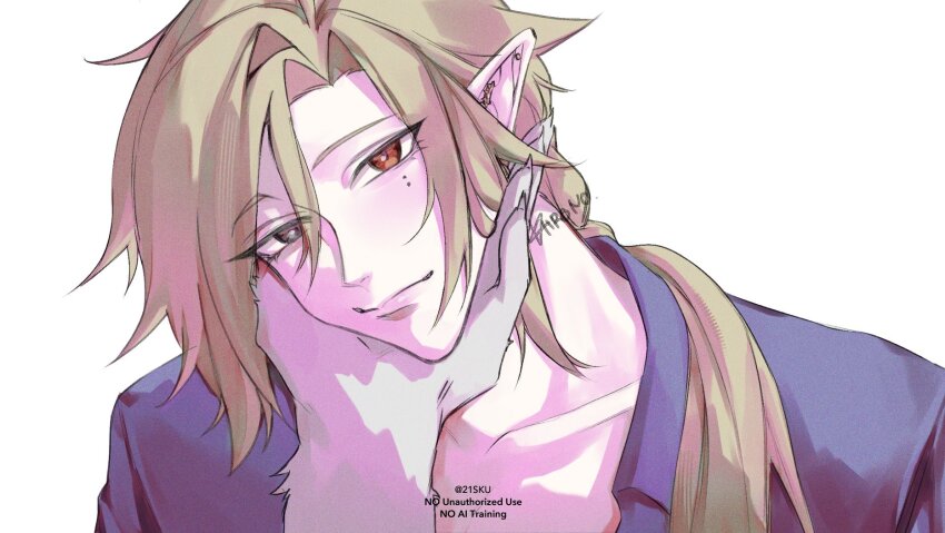 21sku, 2boys, blonde_hair, body_fur, closed_mouth, collarbone, ear_piercing, furry, furry_male, furry_with_non-furry, grey_eyes, hand_on_another's_chin, hashtag-only_commentary, head_tilt, heterochromia, highres, hugo_vlad, interspecies, long_hair, looking_at_viewer, multiple_boys, piercing, pointy_ears, pov, pov_hands, purple_shirt, red_eyes, shirt, simple_background, von_lycaon, white_background, white_fur, yaoi, zenless_zone_zero