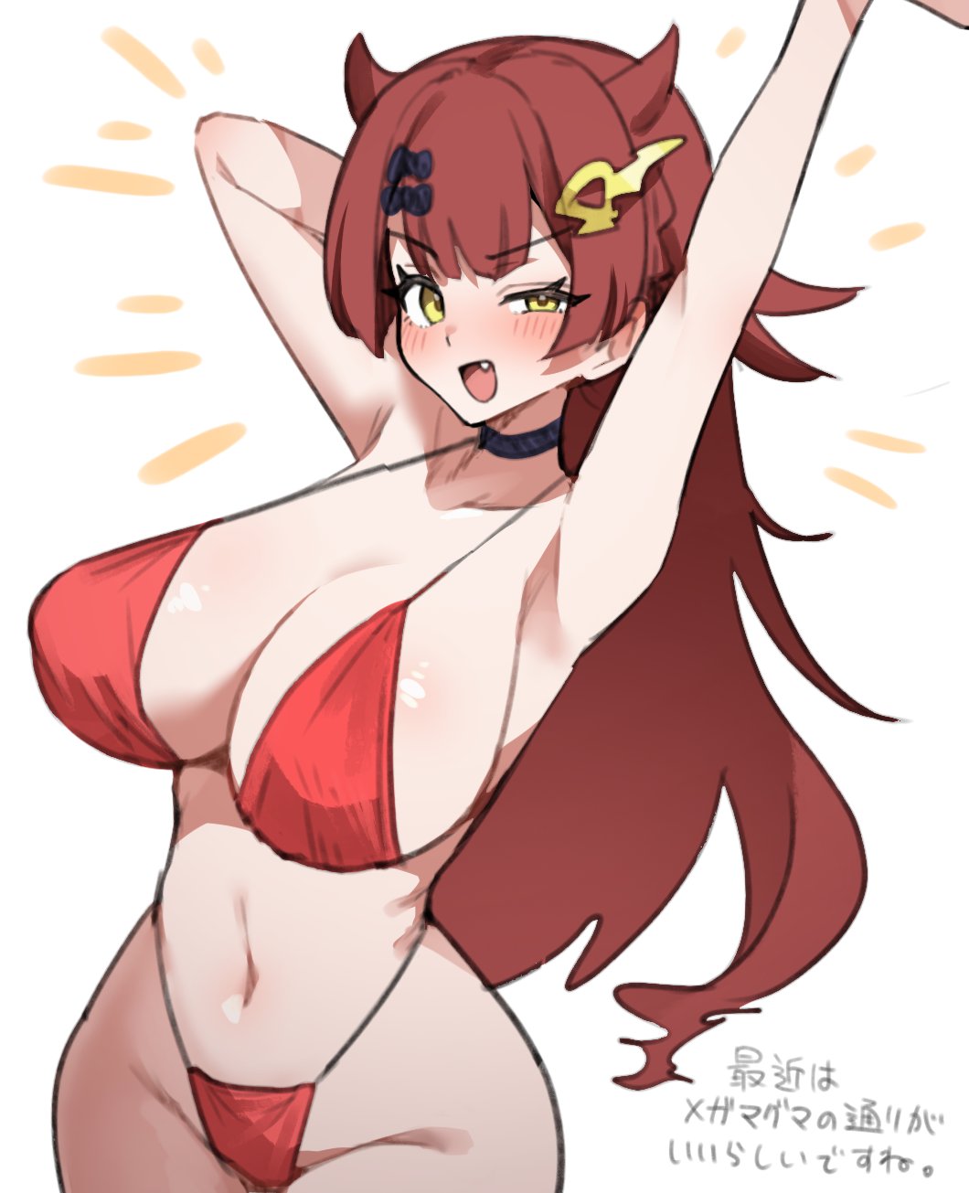 1girl, arm_behind_head, arm_up, bikini, black_bow, black_choker, bow, breasts, brown_hair, choker, cleavage, dragon_musume_ni_naritakunai!, duel_masters, fang, hair_bow, hair_ornament, highres, huge_breasts, long_hair, looking_at_viewer, maguma_mega, navel, open_mouth, red_bikini, ring_light_reflection, solo, swimsuit, toriyarou, translation_request, white_background, yellow_eyes