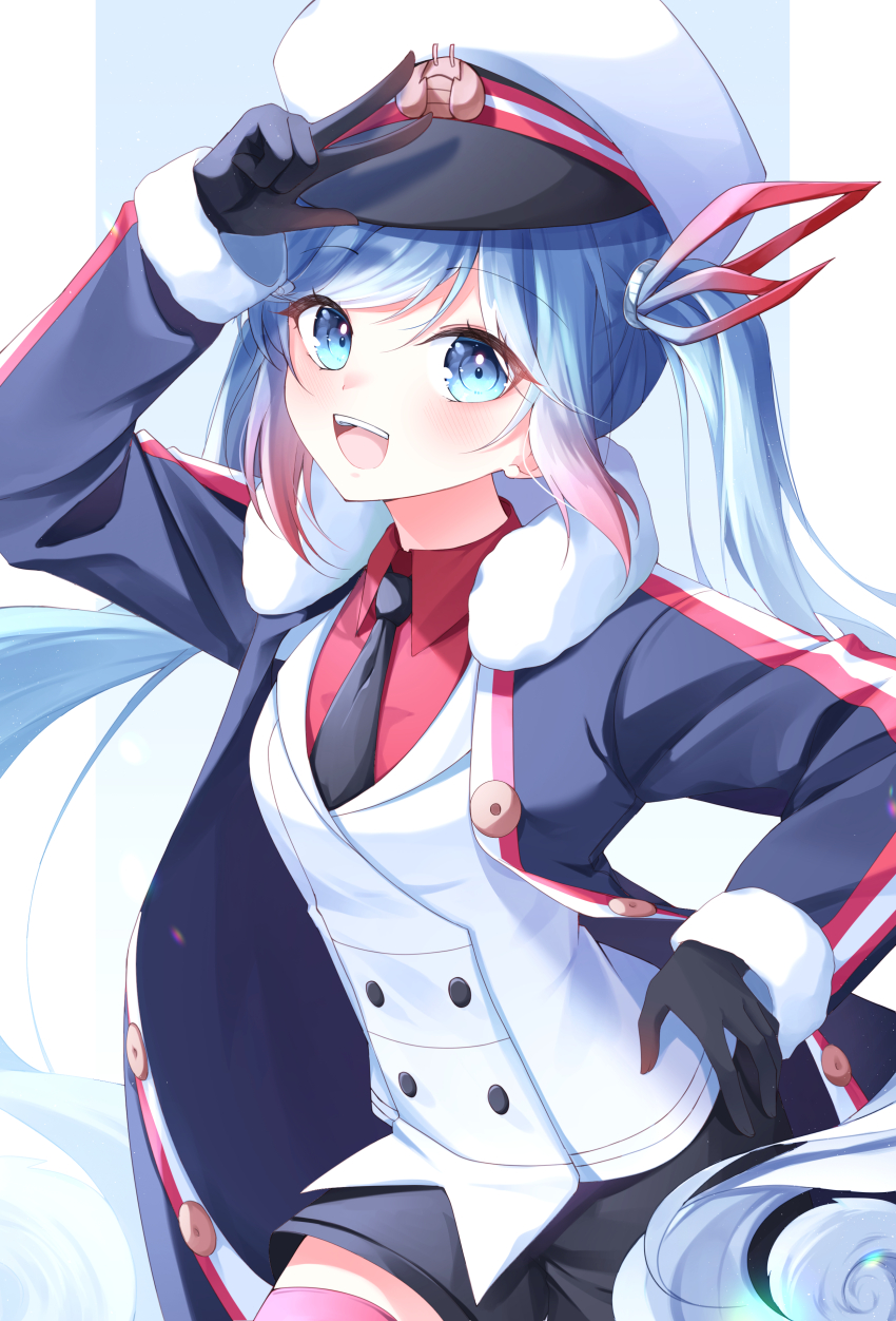 1girl, absurdres, aqua_eyes, aqua_hair, black_coat, black_gloves, black_necktie, black_shorts