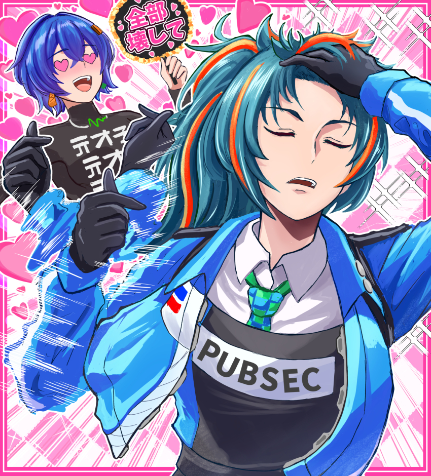 2girls, belle_(zenless_zone_zero), blue_hair, closed_eyes, commentary_request, earrings, gloves, hair_ornament