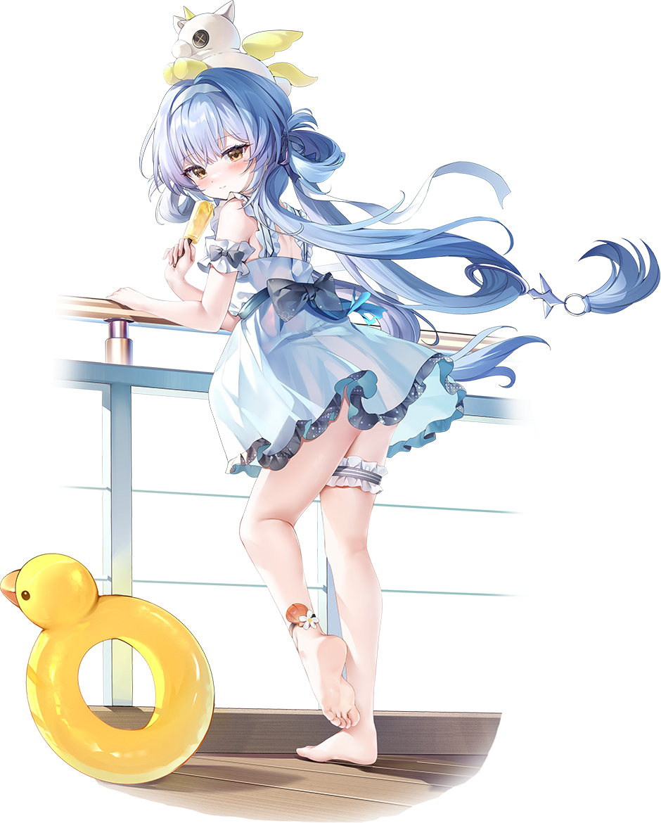 1girl, against_railing, aqua_dress, aqua_hair, armband, barefoot, blue_ribbon, bow, dress, duck_innertube, feet, flower_anklet, food, frilled_armband, frilled_straps, frilled_thigh_strap, frills, from_behind, full_body, game_cg, guzangnanfeng, hair_extensions, hair_rings, hairband, hand_on_railing, holding, holding_food, holding_popsicle, innertube, jewelry, large_bow, legs, long_hair, looking_at_viewer, low-tied_hair_ring, melting_popsicle, non-web_source, nono_(oath)_(poker_fate), nono_(poker_fate), official_alternate_costume, official_art, poker_fate, popsicle, quad_hair_rings, railing, ribbon, ring_hair_extensions, ring_hair_ornament, see-through_clothes, see-through_dress, solo, stuffed_animal, stuffed_toy, stuffed_toy_on_head, stuffed_unicorn, swim_ring, tearing_up, thigh_strap, thighlet, transparent_background, white_hairband, white_ribbon, yellow_eyes