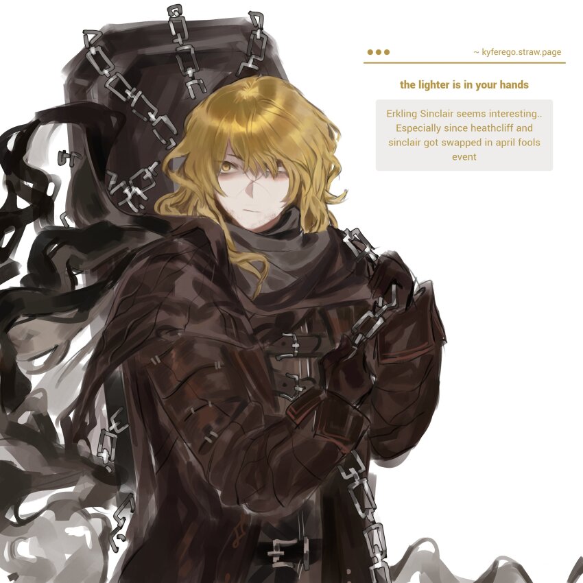 1boy, absurdres, belt, black_coat, black_gloves, blonde_hair, cape, chain