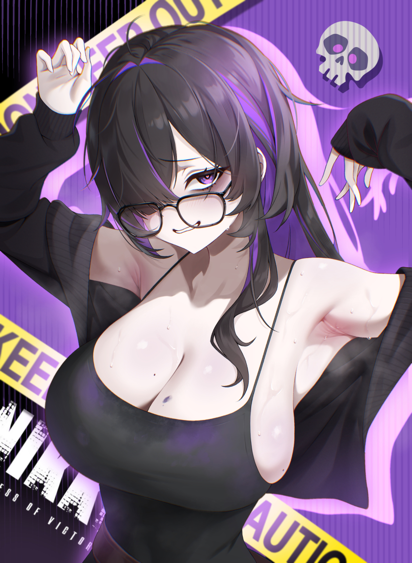 1girl, absurdres, ahoge, armpits, arms_up, black_dress, black_hair, black_sweater