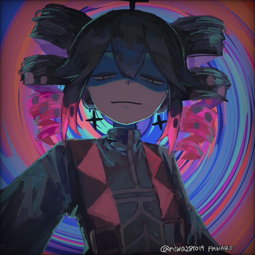 1girl, alternate_hair_color, black_hair, closed_eyes, closed_mouth, collared_shirt, commentary_request, cross