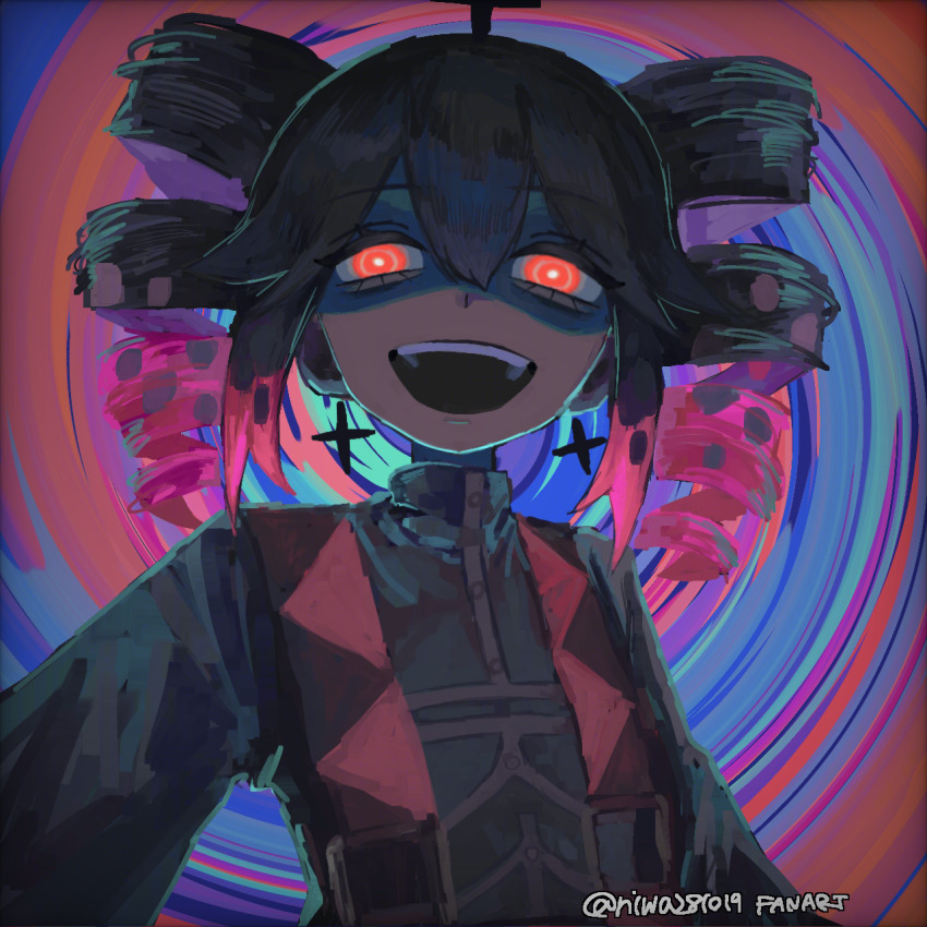 1girl, alternate_hair_color, black_hair, collared_shirt, commentary_request, cross, cross_ahoge, cross_earrings, drill_hair, earrings, gradient_hair, grey_shirt, highres, jewelry, kasane_teto, long_sleeves, looking_at_viewer, multicolored_hair, niwa281019, open_mouth, pink_hair, polka_dot, polka_dot_hair, q&amp;a_(utau), red_eyes, shaded_face, shirt, short_hair, smile, solo, twin_drills, twitter_username, variant_set