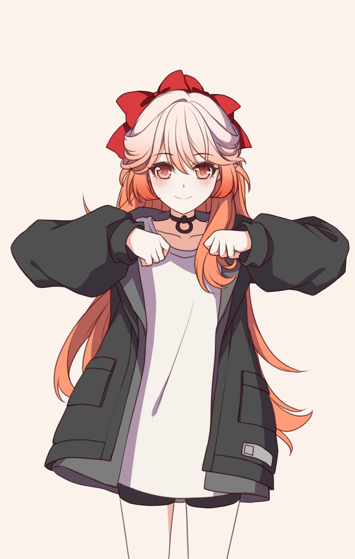 1girl, animated, animated_gif, arknights, black_choker, black_jacket, black_shorts, bow, chinese_commentary, choker, closed_eyes, closed_mouth, commentary_request, cowboy_shot, dancing, hair_bow, hands_up, haruka_(arknights), jacket, long_hair, long_sleeves, looking_at_viewer, miyamizu_reiha, multicolored_hair, open_clothes, open_jacket, orange_hair, pink_hair, red_bow, red_eyes, shirt, shorts, simple_background, smile, solo, standing, t-shirt, turning_around, white_background, white_shirt