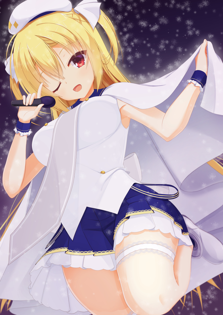 1girl, ;d, absurdres, alternate_costume, arihara_nanami, back_bow, beret, blonde_hair, blue_skirt, blue_wrist_cuffs, boots, bow, breasts, buttons, cape, cape_hold, commentary_request, double-breasted, dutch_angle, eyes_visible_through_hair, foot_out_of_frame, frilled_skirt, frilled_wrist_cuffs, frills, from_below, hair_between_eyes, hair_ribbon, hands_up, hat, highres, holding, holding_microphone, idol, idol_clothes, index_finger_raised, lace-trimmed_thigh_strap, large_breasts, light_blush, long_hair, looking_at_viewer, microphone, miniskirt, one_eye_closed, open_mouth, outdoors, pleated_skirt, red_eyes, reiji_tsukimi, ribbon, riddle_joker, shirt, skirt, sleeveless, sleeveless_shirt, smile, snowflakes, snowing, solo, standing, standing_on_one_leg, thigh_strap, thighs, two_side_up, very_long_hair, white_boots, white_bow, white_cape, white_hat, white_ribbon, white_shirt, winter, wrist_cuffs