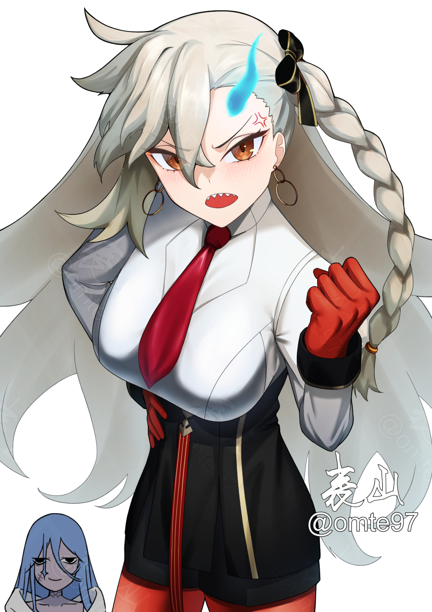 1boy, 1girl, absurdres, asymmetrical_bangs, azrael_(grand_assassin)_(fate), black_skirt, breasts, collared_shirt