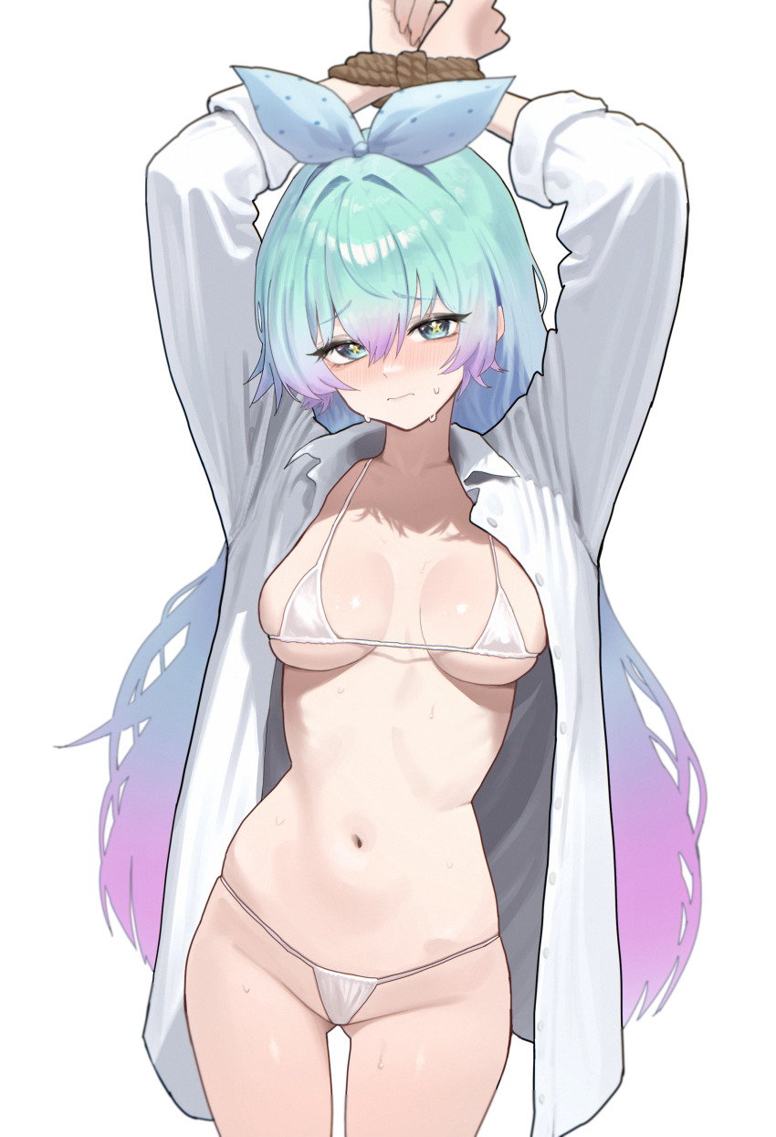 1girl, 3:, absurdres, aqua_eyes, aqua_hair, arms_behind_head, arms_up, bikini