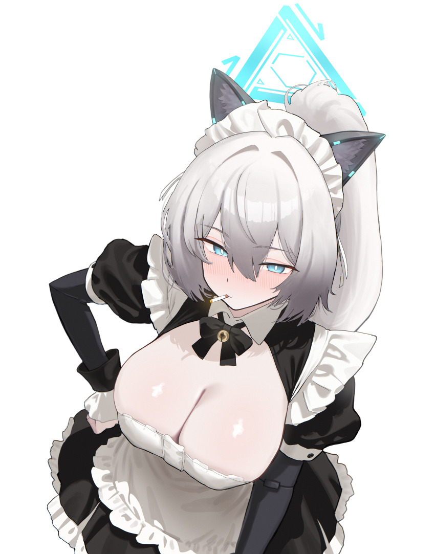 1girl, absurdres, animal_ears, apron, black_dress, blue_eyes, bow, bowtie, breasts, cat_ears, cigarette, cleavage, commission, dress, frilled_dress, frills, from_above, hair_between_eyes, halo, highres, jay_(arca_live), juliet_sleeves, large_breasts, long_hair, long_sleeves, looking_at_viewer, maid, maid_apron, maid_headdress, mouth_hold, original, ponytail, puffy_sleeves, simple_background, solo, white_background, white_hair, wing_collar