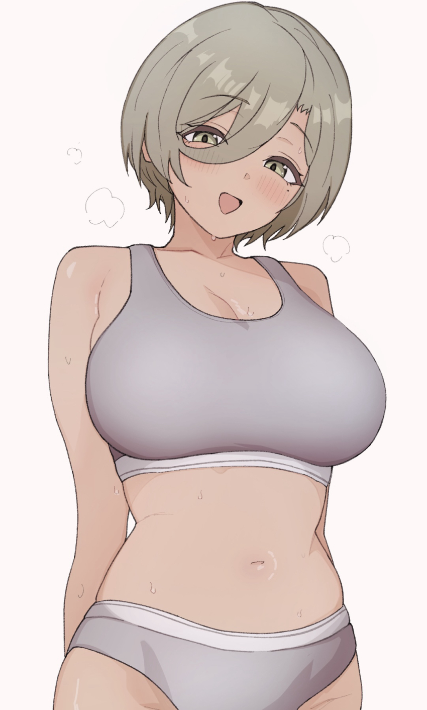1girl, blush, bra, breasts, brown_eyes, brown_hair, girls_band_cry, grey_bra
