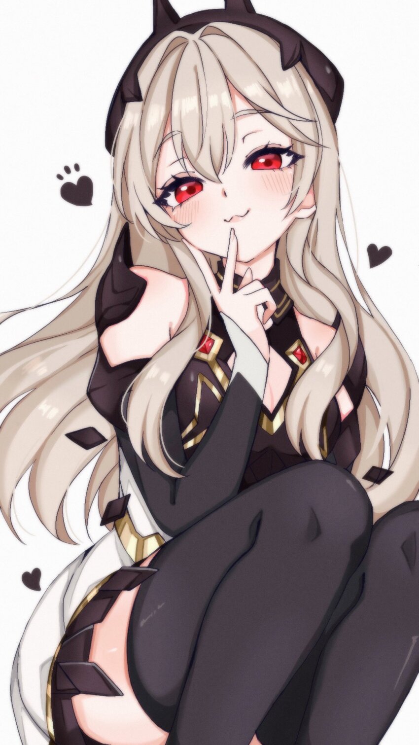 1girl, :3, armpit_crease, bare_shoulders, black_dress, black_hairband, black_thighhighs, blonde_hair