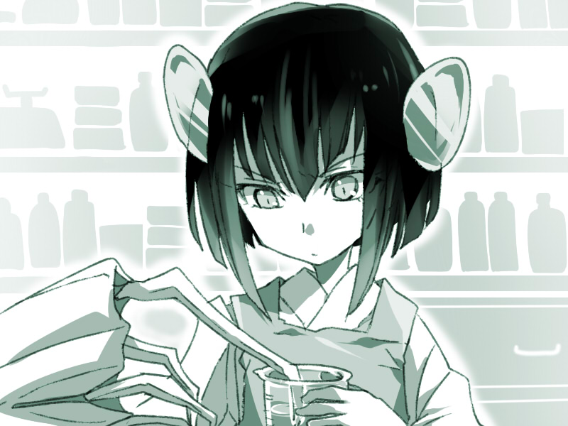 1girl, black_hair, female_focus, gauntlets, indoors, karakuridoji_ultimo, monochrome, pardonner, short_hair, solo