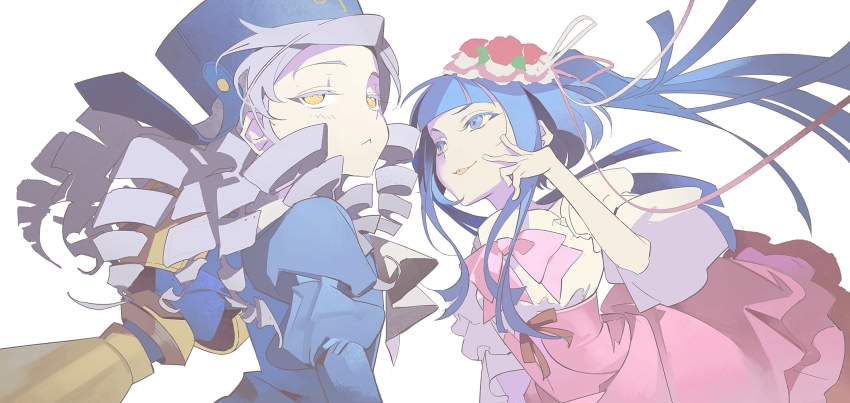 2girls, blue_eyes, blue_hair, bow, bowtie, commentary_request, dlanor_a._knox, drill_hair
