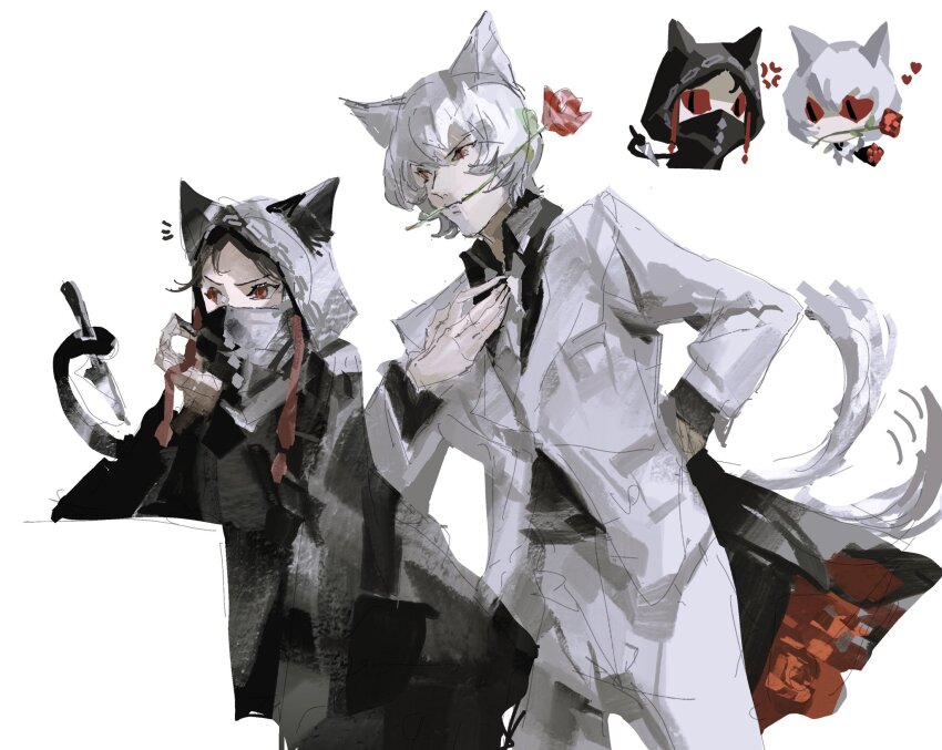 1boy, 1girl, anger_vein, animal_ears, arm_support, averting_eyes, black_cloak, black_hair, black_hood, bouquet, cat_boy, cat_ears, cat_girl, cat_tail, chibi, chibi_inset, cloak, closed_mouth, commentary_request, fate/strange_fake, fate_(series), flower, flower_in_mouth, forehead, formal_clothes, heart, highres, holding, holding_bouquet, holding_with_tail, hood, hood_up, hooded_cloak, jester_karture, knife, long_sleeves, no_name_assassin_(fate), notice_lines, parted_bangs, prehensile_tail, provercrinolin, red_eyes, red_flower, red_rose, rose, short_hair, simple_background, slit_pupils, suit, tail, tail_wagging, white_background, white_hair, white_suit