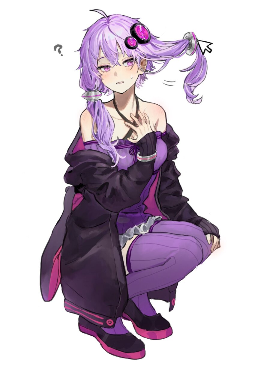 1girl, ?, ahoge, bare_shoulders, black_jacket, collarbone, criss-cross_halter, cursor