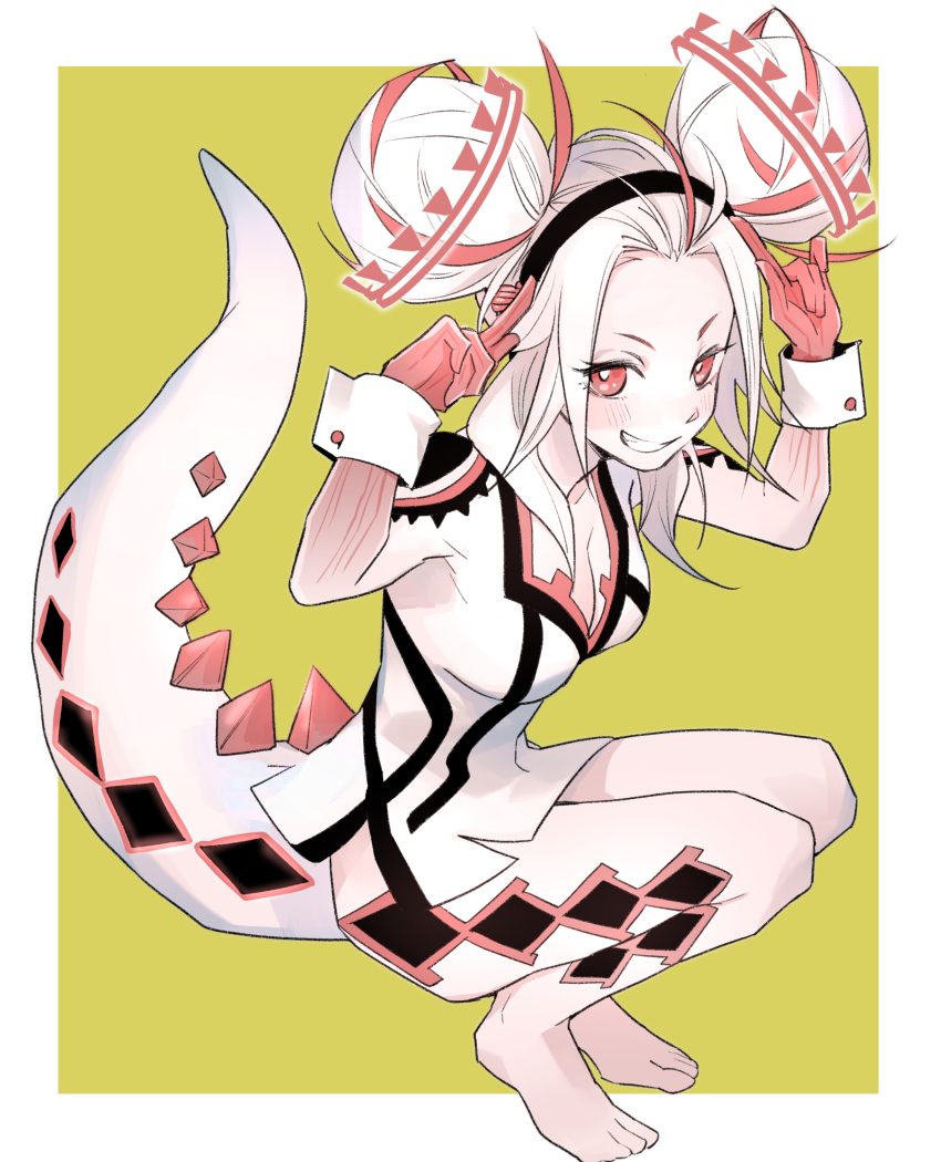 1girl, \m/, absurdres, ai_the_somnium_files, aiba_(ai_the_somnium_files), barefoot, black_hairband, border