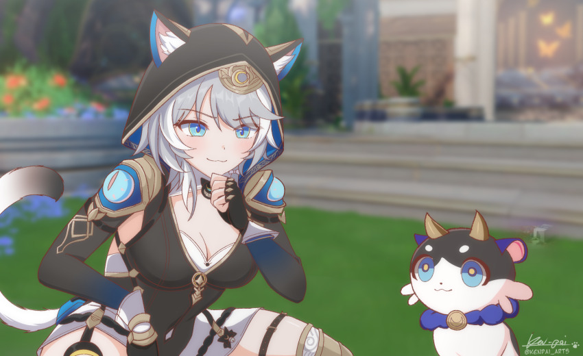 1girl, animal_ears, bell, blue_eyes, bow, breasts, cat_ears, cat_girl, chimera_(honkai:_star_rail), cipher_(honkai:_star_rail), cipher_(master_cat-thief)_(honkai:_star_rail), cleavage, clothing_cutout, commentary, english_commentary, fingerless_gloves, gloves, grey_hair, honkai:_star_rail, honkai_(series), horns, ken-pai_(kenpai_arts), leotard, medium_breasts, outdoors, signature, smirk, squatting, thigh_strap, thinking, white_streaks