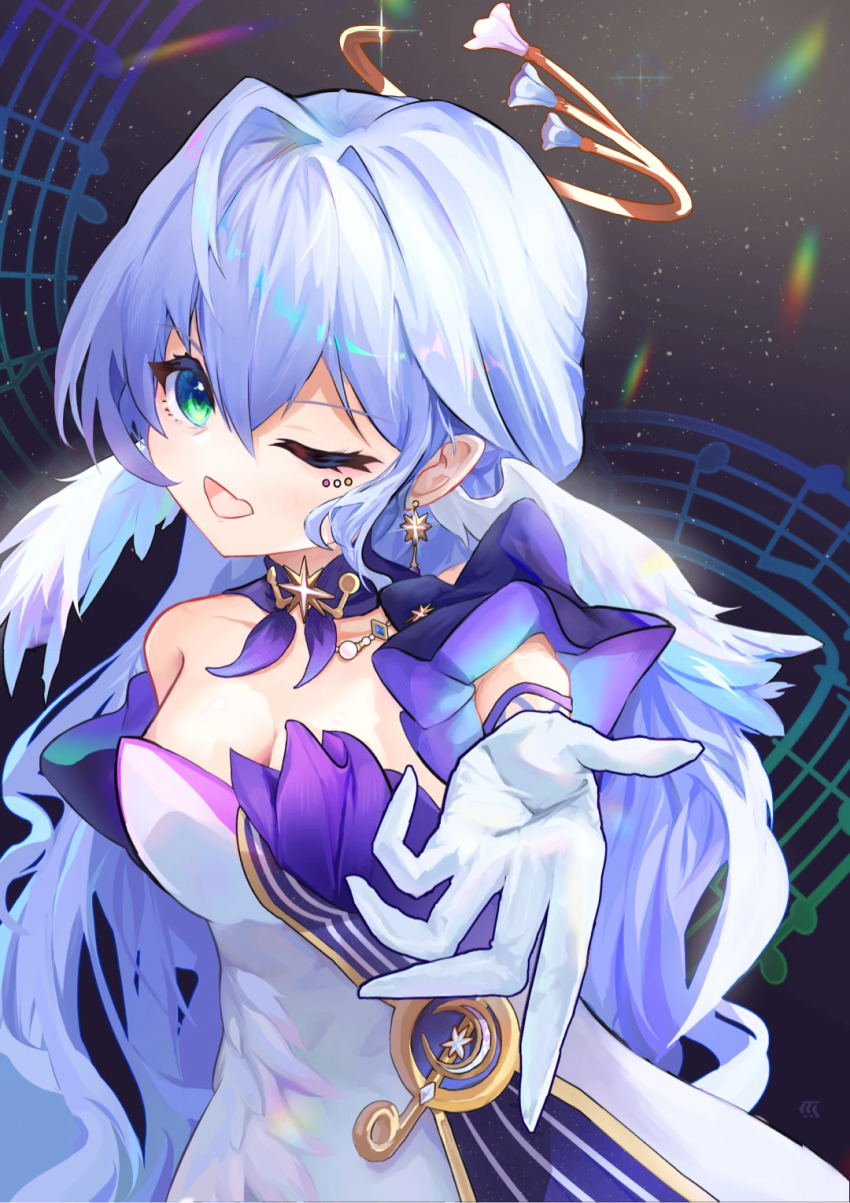 1girl, blue_eyes, blue_hair, chinese_commentary, commentary_request, dress, flower, gloves, halo, highres, honkai:_star_rail, honkai_(series), long_hair, looking_at_viewer, mang_ci, music, musical_note, one_eye_closed, open_mouth, robin_(honkai:_star_rail), singing, smile, star_(sky), white_gloves, wings