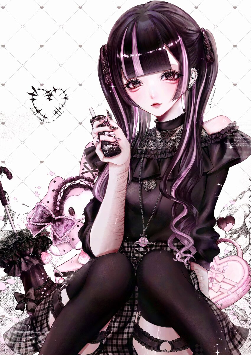 1girl, absurdres, aegyo_sal, argyle_background, black_hair, black_shirt, black_thighhighs, blunt_bangs
