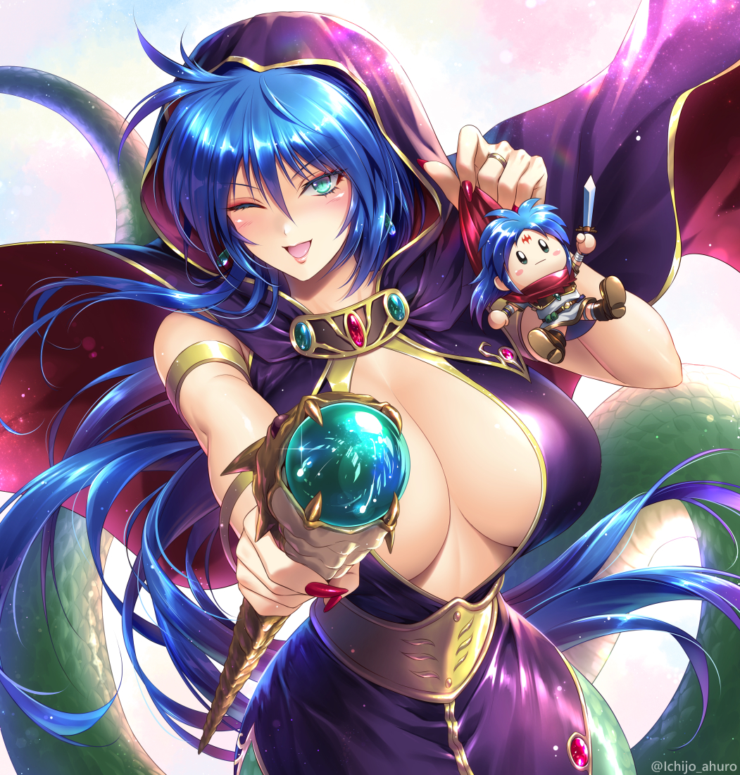 1girl, :d, blue_eyes, blue_hair, breasts, breath_of_fire, breath_of_fire_i, cape
