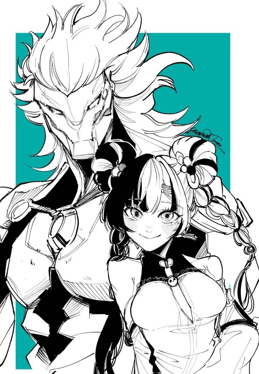 03_kyv, 1boy, 1girl, artist_name, banyue_(zenless_zone_zero), bare_shoulders, black_hair, blush