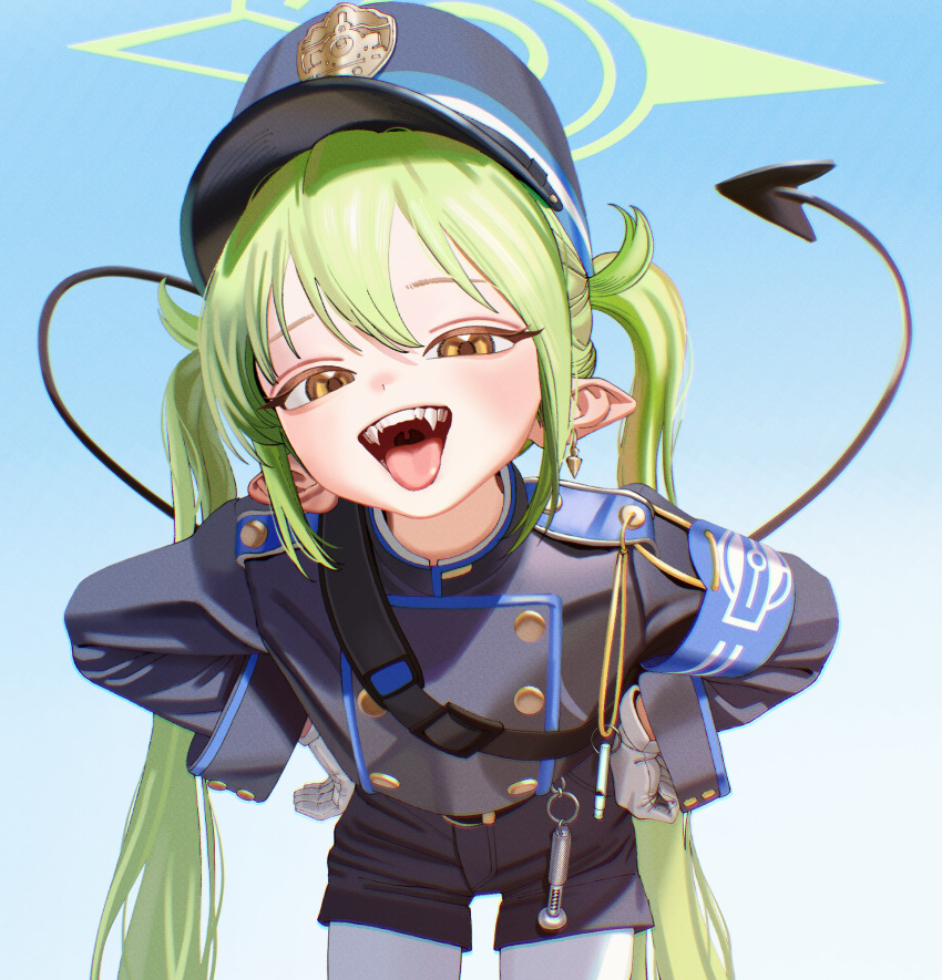 1girl, blue_archive, commentary_request, demon_tail, fangs, green_hair, halo, hat, highres, kingrun, leaning_forward, long_hair, nozomi_(blue_archive), open_mouth, orange_eyes, pantyhose, peaked_cap, shorts, smile, solo, tail, teeth, tongue, train_conductor, twintails, uvula, white_pantyhose
