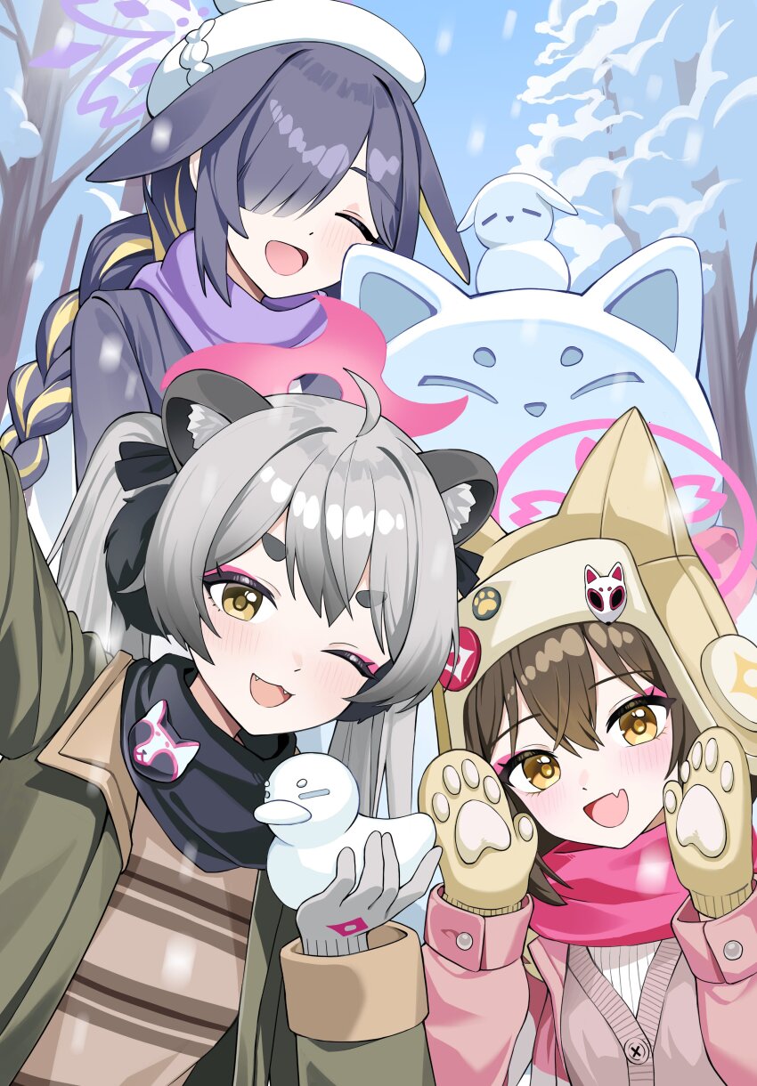 3girls, :d, ^_^, absurdres, alternate_costume, animal_ears, beret, bird, black_jacket, black_scarf, blonde_hair, blue_archive, blue_sky, braid, braided_ponytail, brown_cardigan, brown_shirt, cardigan, closed_eyes, commentary_request, duck, eyeshadow, fang, fangs, fox_ornament, gloves, green_jacket, grey_gloves, grey_hair, hair_over_one_eye, halo, hands_up, hat, hat_pin, highres, holding_snowman, izuna_(blue_archive), jacket, long_hair, looking_at_viewer, lop_rabbit_ears, makeup, michiru_(blue_archive), mittens, multicolored_hair, multiple_girls, ninjutsu_research_club_(blue_archive), one_eye_closed, open_mouth, outdoors, paw_print_palms, pink_eyeshadow, pink_halo, pink_jacket, pink_scarf, prock, purple_hair, purple_halo, purple_scarf, rabbit, rabbit_ears, rabbit_girl, raccoon, raccoon_ears, raccoon_girl, raccoon_ornament, reaching, reaching_towards_viewer, scarf, selfie, shirt, skin_fang, sky, smile, snow, snow_animal, snowing, sweater, tree, tsukuyo_(blue_archive), two-tone_hair, ushanka, white_hat, white_sweater, winter_clothes, yellow_eyes, yellow_mittens