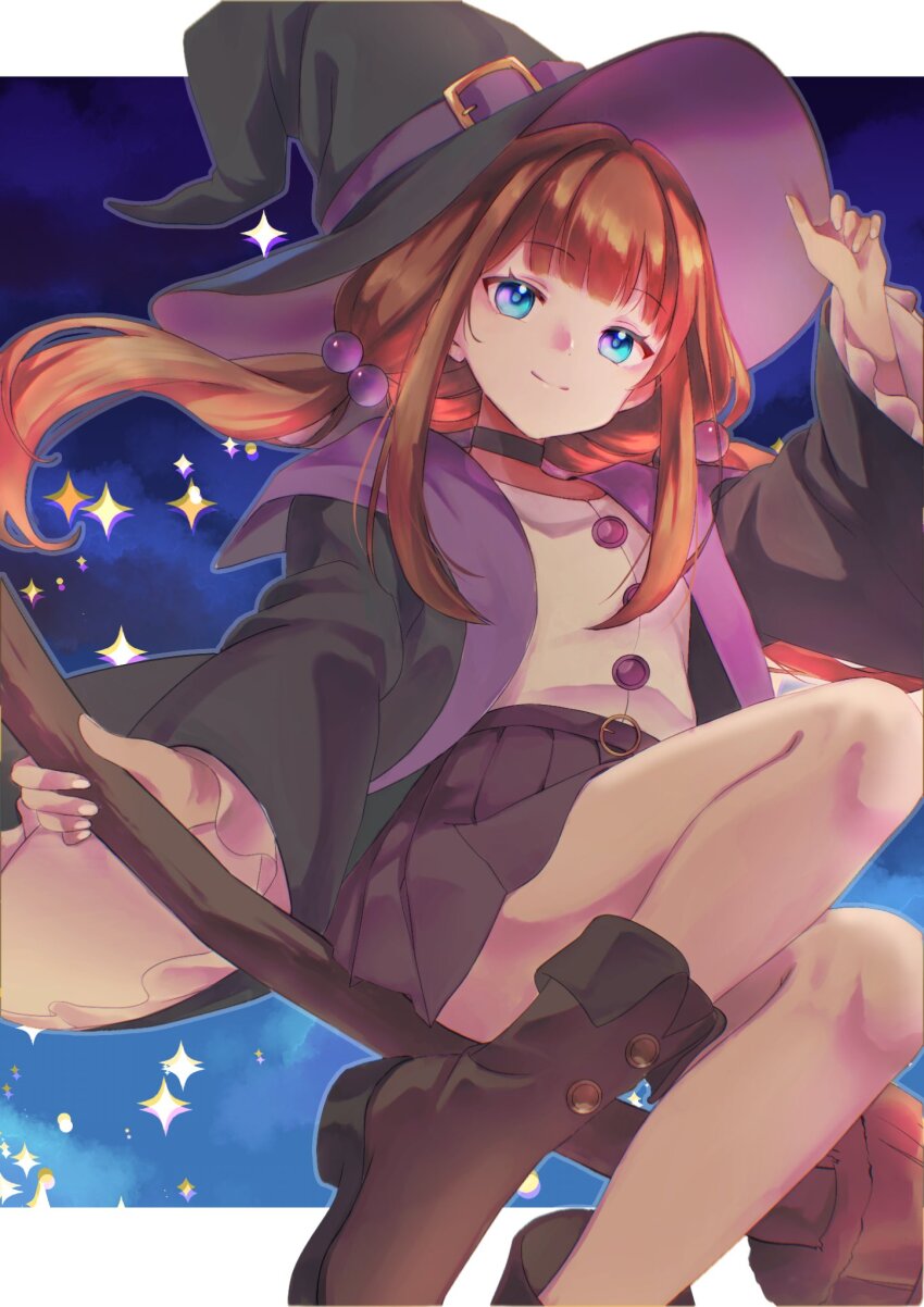1girl, ankle_boots, arm_up, artist_collaboration, belt, black_coat, black_hat, blue_eyes, blue_sky, boots, border, broom, broom_riding, brown_boots, brown_hair, buttons, choker, closed_mouth, coat, commentary_request, convenient_leg, floating_hair, fold-over_boots, foot_out_of_frame, grey_belt, grey_choker, grey_outline, grey_skirt, hair_bobbles, hair_ornament, hand_on_headwear, hat, hat_belt, highres, hm2ji, holding, holding_broom, lips, long_hair, long_sidelocks, long_sleeves, looking_at_viewer, low_twintails, miniskirt, nail_polish, nijisanji, open_clothes, open_coat, outline, outside_border, pleated_skirt, purple_belt, purple_hat, shirt, shirt_tucked_in, sidelocks, sitting, skirt, sky, smile, solo, sparkle, split_mouth, twintails, two-sided_fabric, two-sided_headwear, virtual_youtuber, wasio140, white_border, white_nails, white_shirt, wide_brim, wide_sleeves, witch, witch_hat, yokaze_yui