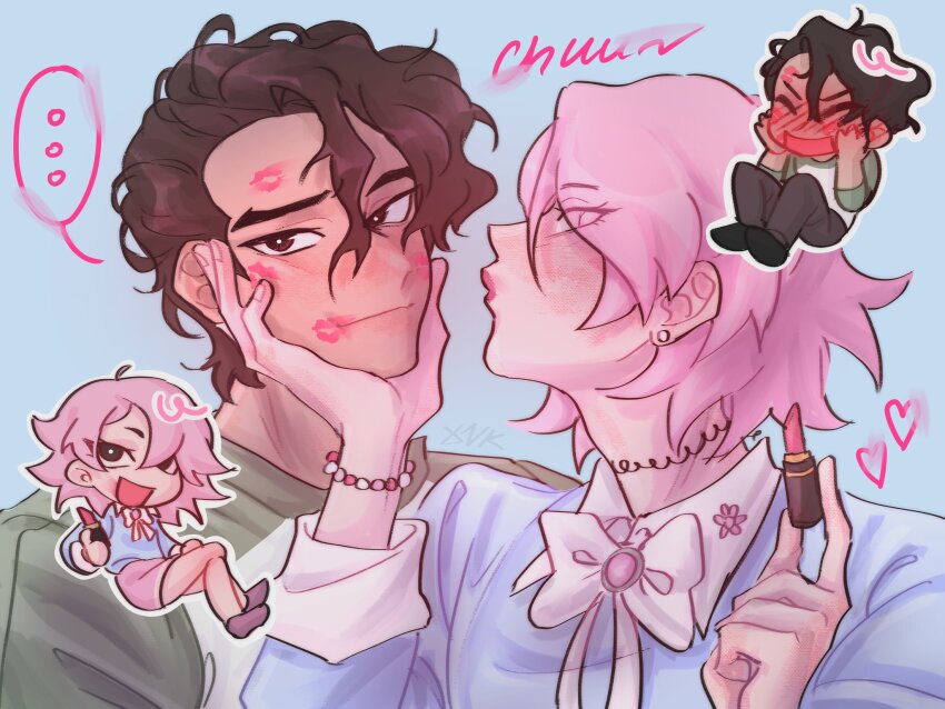 ..., 1boy, 1girl, applying_makeup, blue_background, blue_shirt, blush, bow